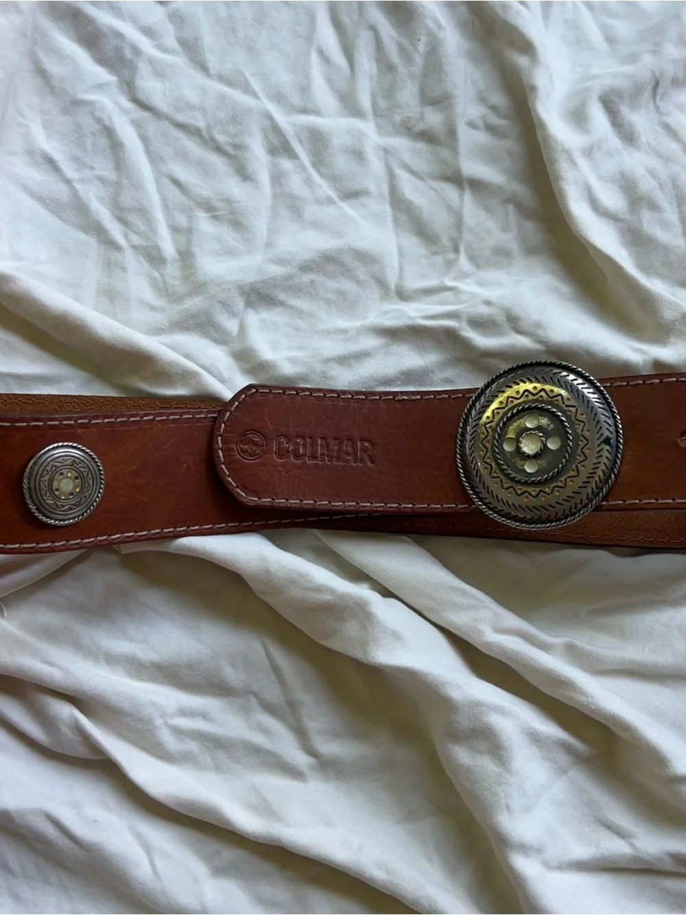 COLMAR Brown Leather Belt with Decorative Silver Concho Buckle